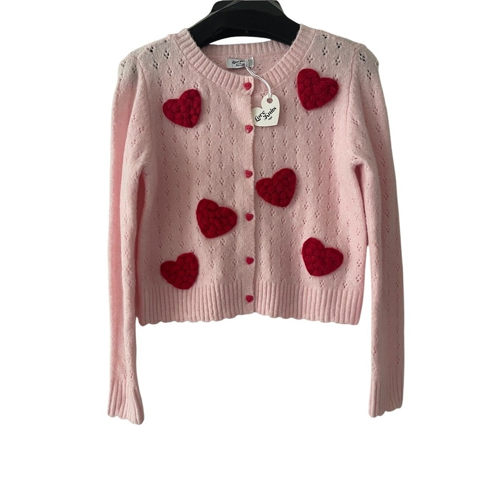 Love Knits Pink Red Heart Valentines Day Cardigan Soft Small